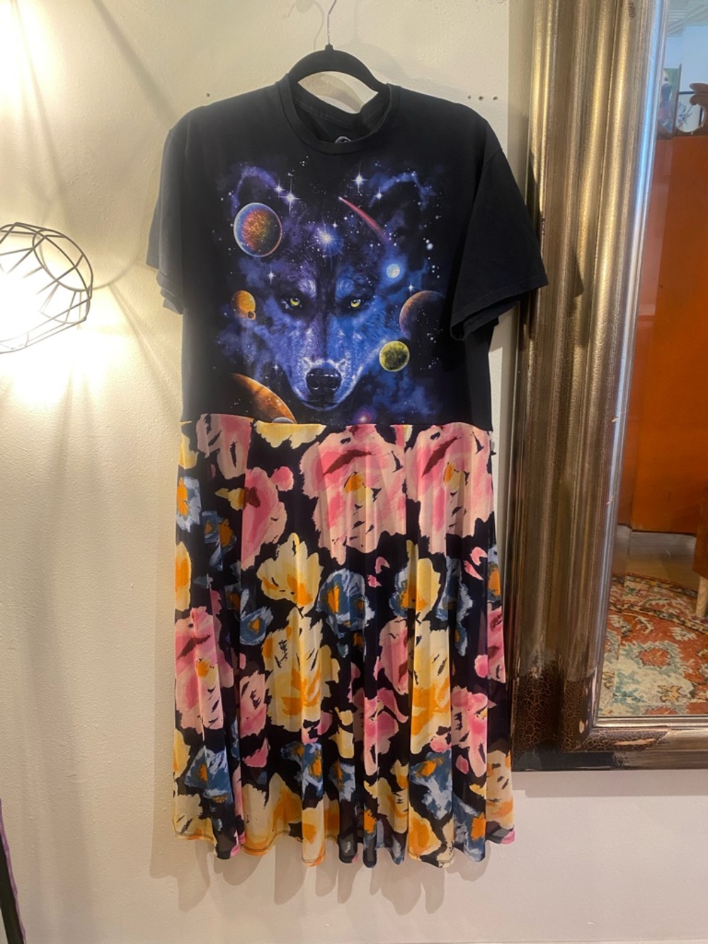 OOAK Upcycled Galaxy Wolf Tee Dress with Floral Skirt